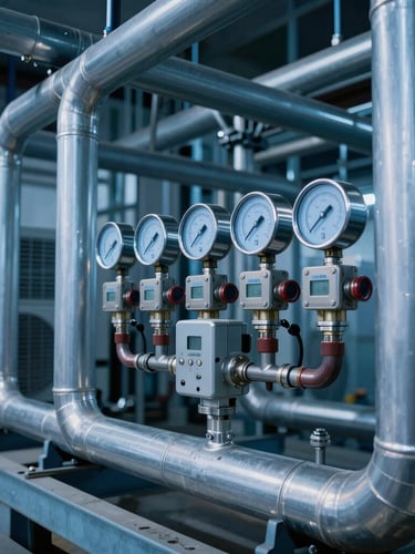 Industrial HVAC-R chiller installation with heavy steel piping and digital manifold gauges, cool blue tones, sharp technical focus