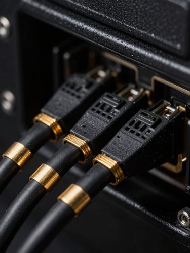 Macro close-up of perfectly managed back-panel cabling, clean routing, metallic gold ties, dark obsidian background, sharp focus, low-key studio lighting.