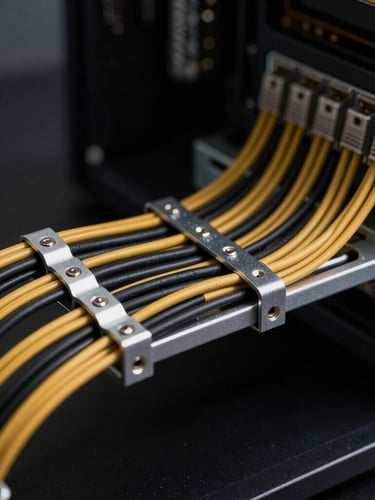 Low-key studio photography of perfectly managed back-panel PC cabling, clean parallel lines of black and gold sleeved cables secured with aluminum combs, dark background, sharp focus.
