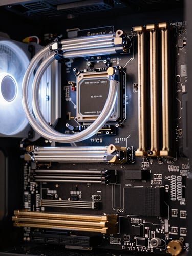 Macro close-up of a pristine motherboard layout with glowing custom liquid cooling loops, low-key studio lighting, gold metallic accents on dark obsidian background, sharp focus.