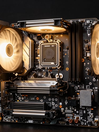 Macro studio photography of a pristine motherboard layout with glowing custom liquid cooling loops, dramatic rim lighting on metallic gold accents, dark obsidian background, sharp focus