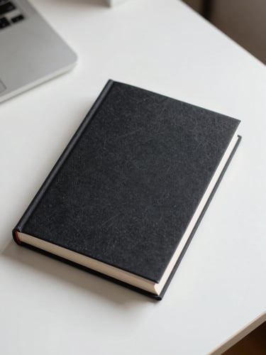 Overhead flat-lay of a closed hardcover non-fiction book on a clean white desk, crisp studio light, no title visible