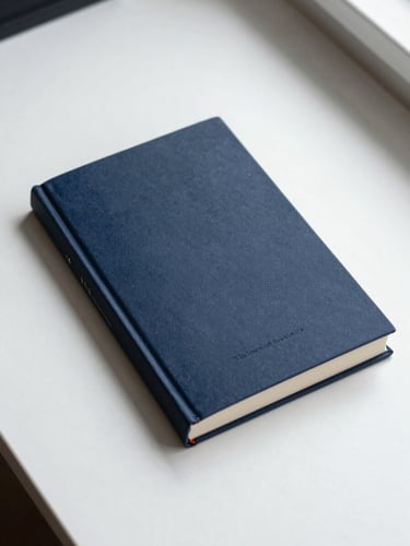 Flat-lay of a navy-spined book on a white desk, overcast north-facing light, clean composition, no visible typography on cover