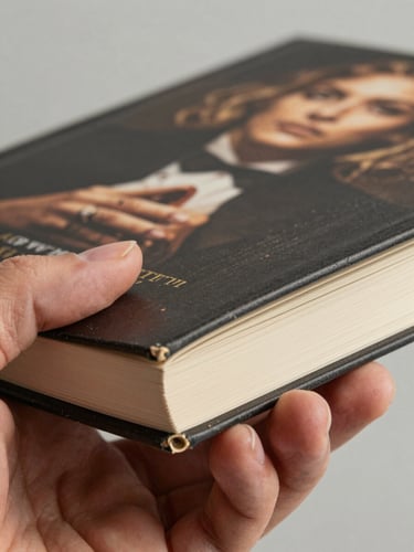 Close crop of a book cover in hand, fingers gripping spine, neutral background, studio tungsten light, cover design not legible