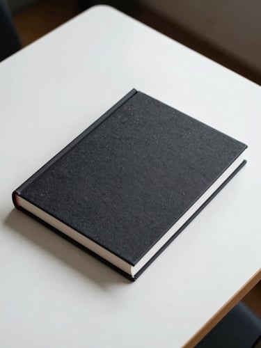 Overhead flat-lay of a closed hardcover non-fiction book on a clean white desk, crisp studio light, no title visible