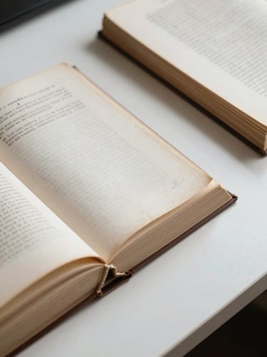 Overhead flat-lay of stacked manuscript pages and a bound proof copy on a clean white desk, studio tungsten lighting, high contrast, tight crop showing paper texture and binding spine detail