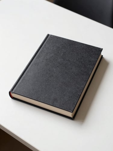 Overhead flat-lay of a closed hardcover non-fiction book on a clean white desk, crisp studio light, no title visible
