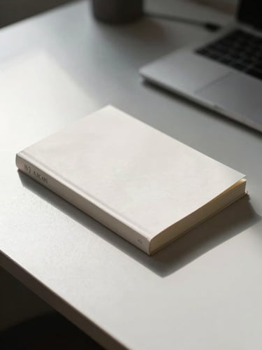 Flat-lay of a slim paperback book on a clean desk surface, overcast daylight from left, high contrast, no typography visible