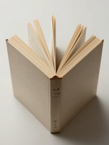 Overhead shot of a hardcover book lying open, spine up, on a plain light surface, diffused studio light, pages visible but no readable text