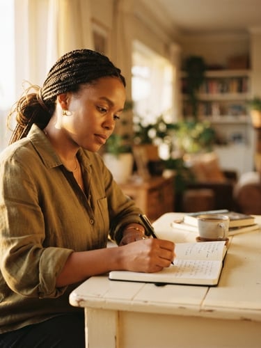 A warm editorial portrait of Thembi Malele working at a cream-colored wooden desk in Johannesburg, soft golden-hour window light filtering in, notebook and ink pen in the foreground, shallow depth of field, 35mm photography.