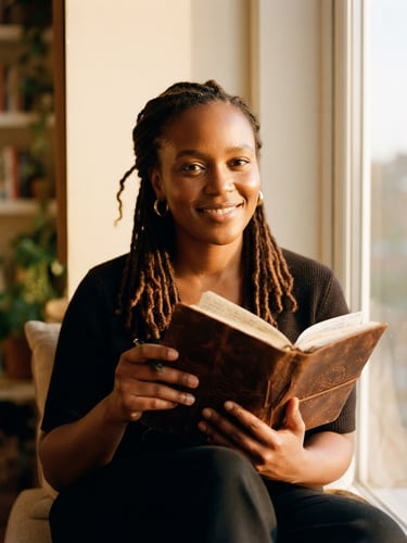 Warm editorial portrait of Thembi Malele holding a leather notebook, golden-hour window light, soft cream background, shallow depth of field