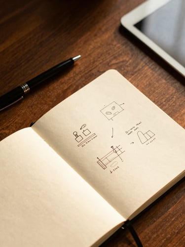 Overhead flat-lay of a wooden desk with a black ink pen, a cream-colored notebook showing clean hand-drawn diagrams, and a tablet, warm golden-hour light