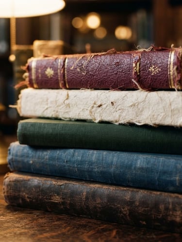 Close-up of beautifully bound stacked hardcover books with rich textured paper covers on a dark oak table, warm golden library lamp light casting soft shadows, shallow depth of field, 35mm photography