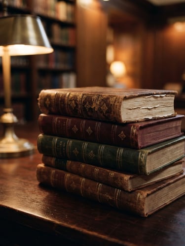 A close-up of beautifully bound leather books stacked on a dark mahogany table, warm glow from a brass library lamp casting soft shadows, rich paper textures, shallow depth of field, 35mm photography.