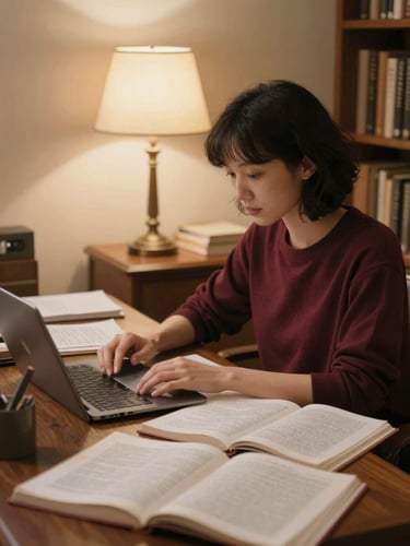 A passionate editor working at a warm wooden desk covered in manuscripts and galley proofs, soft library lamp light, warm cream and burgundy tones, cozy intellectual atmosphere