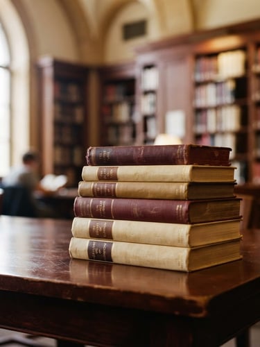 A warm library interior with stacked hardcover books on a dark mahogany table, soft natural window light, shallow depth of field, 35mm photography
