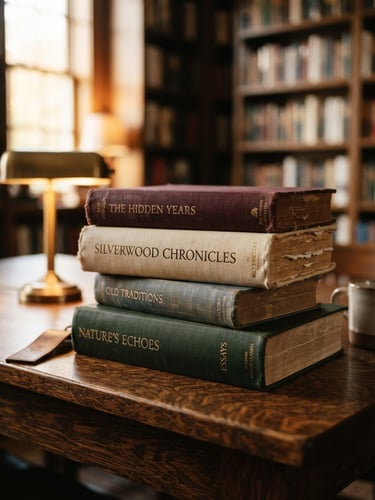 A warm, library-like editorial photograph of stacked hardcover books with rich paper textures on a dark oak table, soft window light, shallow depth of field