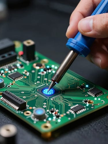 Macro photograph of a technician using a fine-tipped soldering iron on a complex green circuit board, glowing cyan indicator lights, dark background, technical precision