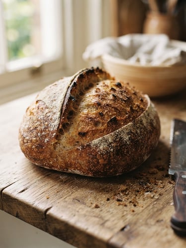 A warm close-up of freshly baked bread on a wooden counter, soft morning daylight, 35mm photography