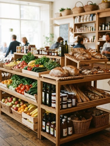 Warm editorial 35mm photography of neatly organized wooden shelves in a neighborhood minimarket, bright natural daylight pouring through windows, fresh bread and produce visible, clean composition