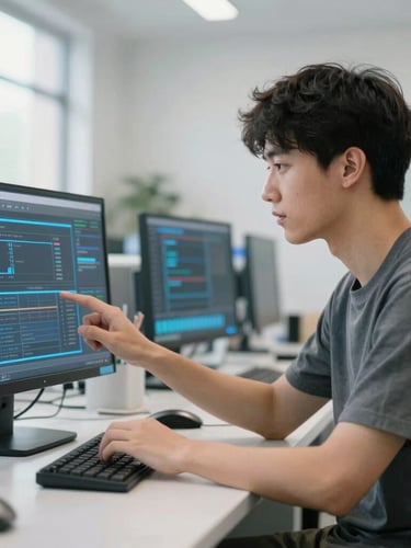 A young adult interacting with a modern digital interface in a bright, clean workshop environment, subtle cool-toned tech glows, shallow depth of field