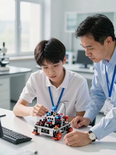 High-angle shot of a young adult student in a clean modern laboratory collaborating with an industry mentor over a physical robotics prototype, bright natural daylight, 35mm