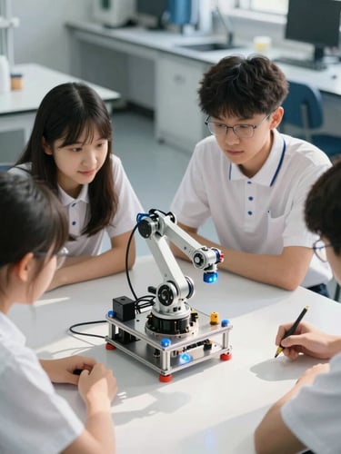 High-angle shot of high school students collaborating over a robotic arm prototype in a clean, modern laboratory lit by natural daylight and subtle blue tech glows, 35mm editorial photography