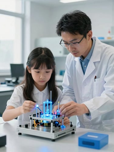 A professional engineer mentoring a young student over a complex physical prototype in a clean, modern laboratory, subtle blue tech glows, 35mm.