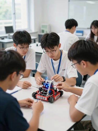 A high-angle shot of high school students collaborating on a physical robotics prototype in a modern, sunlit laboratory, 35mm editorial photography.