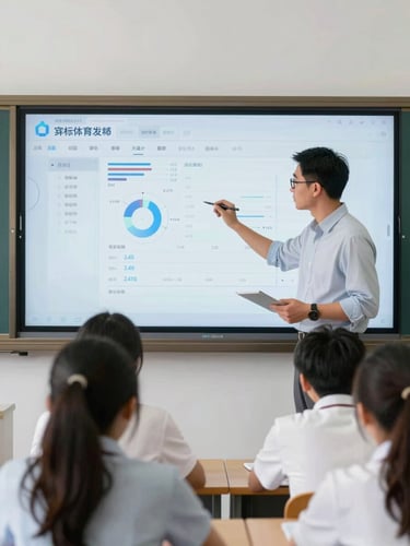 Medium shot of an educator and high school students analyzing data on a large interactive screen, bright natural daylight, modern classroom environment.