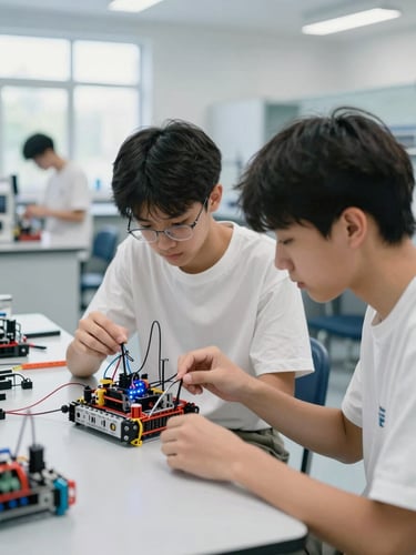 A high school student collaborating over a physical robotics prototype in a clean laboratory, natural daylight, 35mm