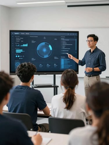 A medium-close action shot of a student presenting a digital interface to a diverse group of peers and an industry mentor in a clean, modern workshop, natural daylight, 35mm.