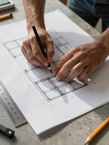 Close-up of an engineer's hands tracing a structural detail on a large technical drawing spread across a concrete worktable, natural north-facing light casting precise shadows on the paper, steel ruler and pencil visible at the edge