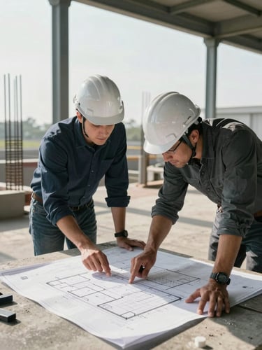 Wide left-anchored site photograph: two engineers in hard hats and an architect leaning over large structural drawings spread on a concrete surface, natural north-facing daylight, steel columns and rebar visible in background, hands pointing at plan details, documentary framing