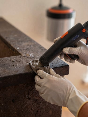 Close-up of hands wearing clean gloves, meticulously cleaning a chimney flue with specialized tools, dust-containment vacuum visible in background, focused light.