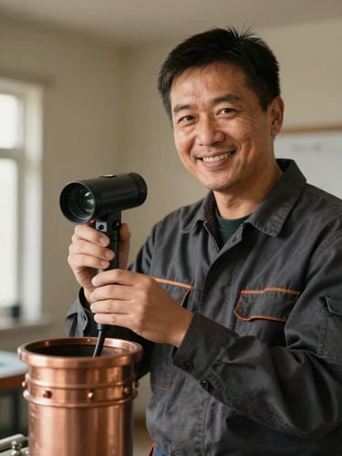 Portrait of a technician in clean uniform, smiling, holding a chimney inspection camera, warm indoor light, shallow depth of field.