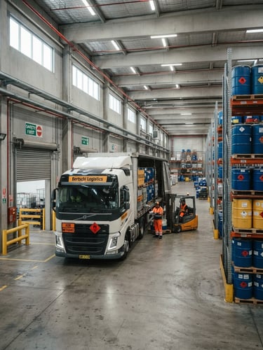 Wide shot of a modern chemical warehouse interior with an ADR-compliant truck, cold industrial lighting, focus on safety markings and documentation, 35mm sharp industrial photography.