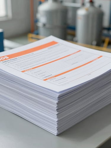 Close-up of a stack of chemical safety data sheets (SDS) documents on a clean industrial desk, with a blurred background of a modern chemical warehouse, cold daylight, desaturated tones with safety orange accents, clean composition, 35mm