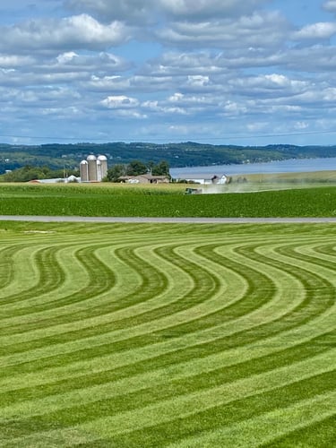 Professional lawn care services in Canandaigua, NY, featuring precision-striped grass.