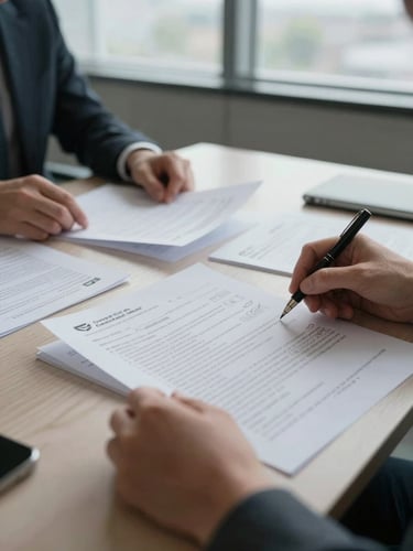 Close environmental shot, hands arranging printed grant reports on a conference table under ambient office light, handwritten margin notes visible, overcast natural light from a side window, no faces