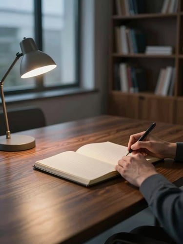 Wide environmental shot of a spare private office at dusk, author's hands visible resting on an open notebook on a dark wood desk, ambient lamp light from the left, bookshelves out of focus in the background
