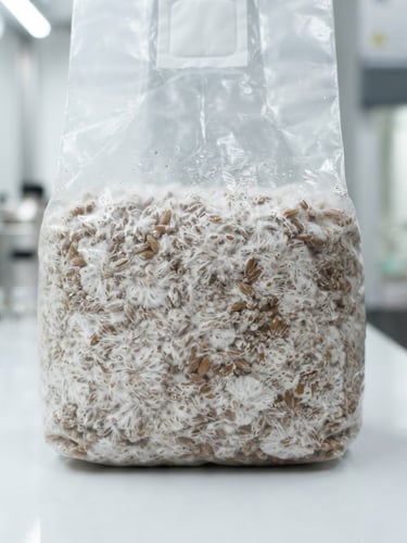Clinical laboratory photography, bright sterile white lighting, crisp macro focus on a pristine white grain spawn bag with vigorous white mycelium growth, 35mm