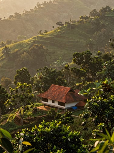 Wide shot of the misty, green Kalanki hills at golden hour, a small traditional Kerala farm house nestled among spice trees, sun filtering through the leaves, 35mm