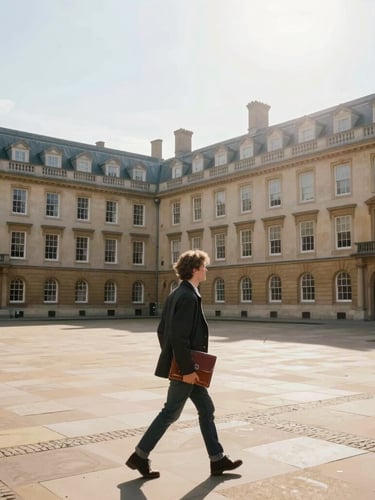 A wide, bright environmental shot of a historic European university campus courtyard in daylight, a student walking with a leather document folder, clean architecture, soft sun flare, no text.