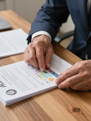 A close-up photograph of a senior immigration advisor in a dark navy suit carefully organizing official visa documents on a wooden desk, bright natural daylight.