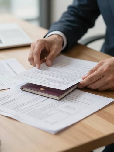 A close-up of hands in a bright, daylight-filled office organizing official visa application documents, passports, and certified translation papers on a clean wooden desk