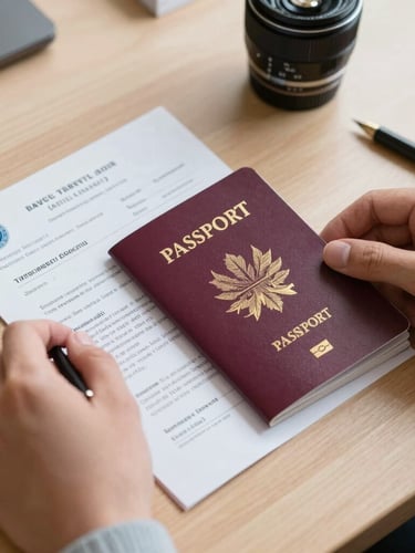 A close-up of hands organizing official travel documents and a passport on a clean wooden desk, bright natural daylight, high clarity.