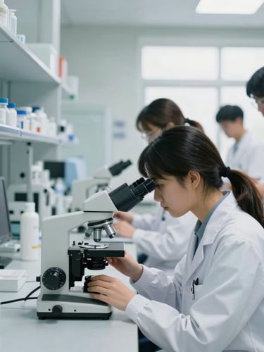 Medium-wide environmental shot of a modern clinical laboratory, medical students in white coats examining a microscope under bright, natural daylight, clean glass and steel background.