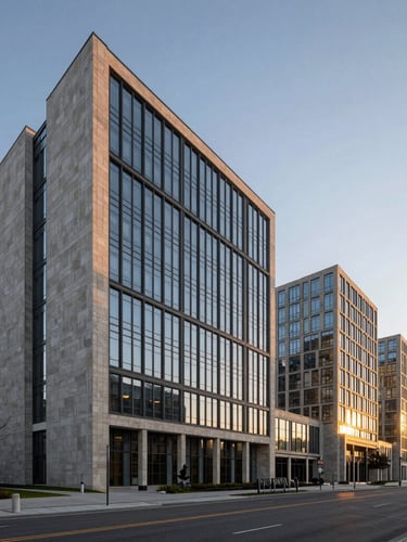 A wide, cinematic shot of a modern, clean embassy district at sunrise, architectural lines of stone and glass, soft golden light reflecting on the facade, expansive sky.