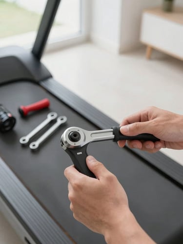 A close-up of hands using a torque wrench to tighten bolts on a modern black home treadmill, organized tools nearby, bright natural indoor daylight, crisp details, 35mm lens